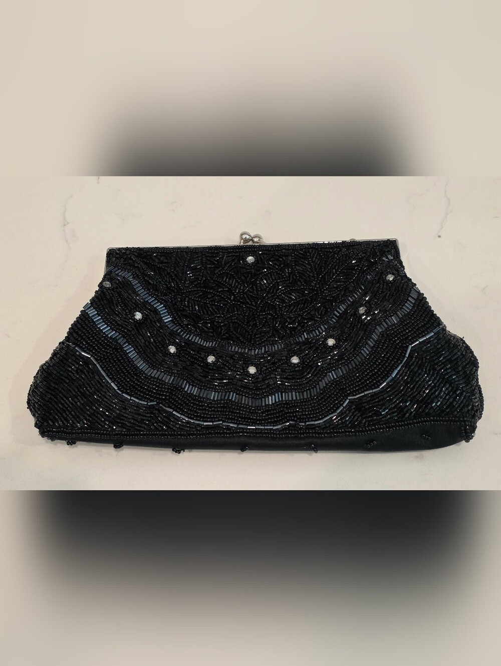 Black Beaded Evening Clutch with Rhinestone Accents and Chain Strap